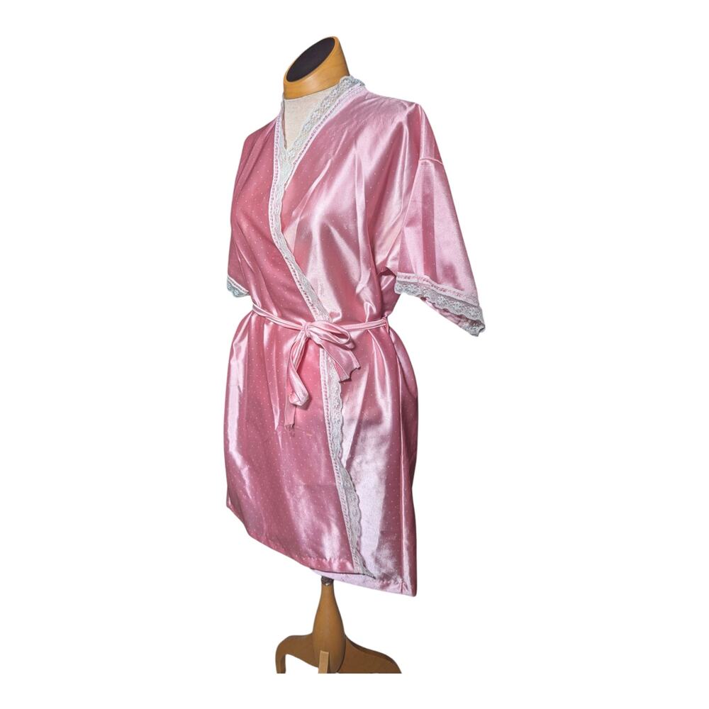 Vtg 1980s Denise Bubblegum Pink Satin Dot Textured Short Sleeve Lace Trim Robe M